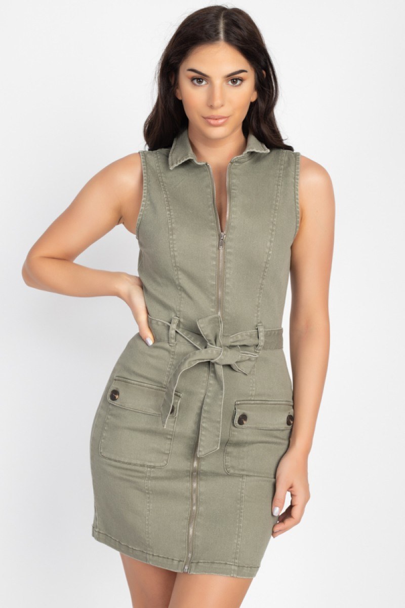 Belted Cargo Pockets Mini Dress - YuppyCollections