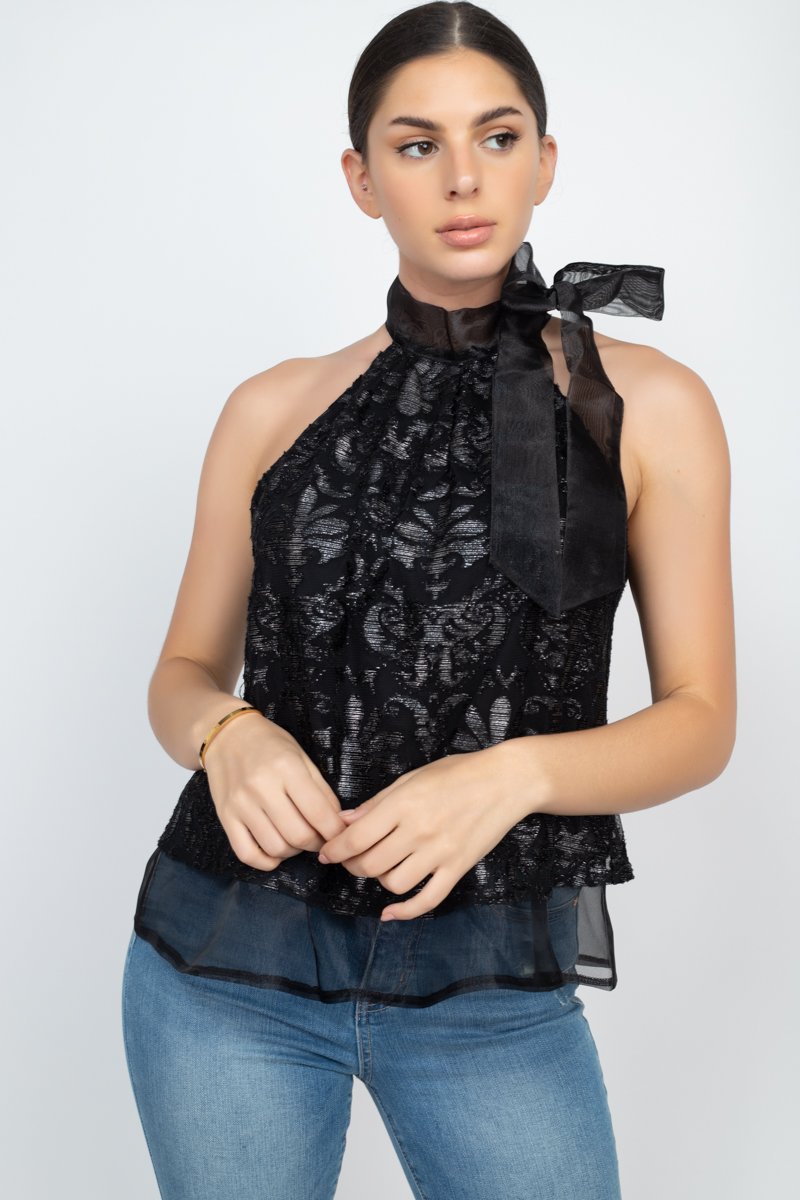 Sleeveless Neck Tie Keyhole Top - YuppyCollections