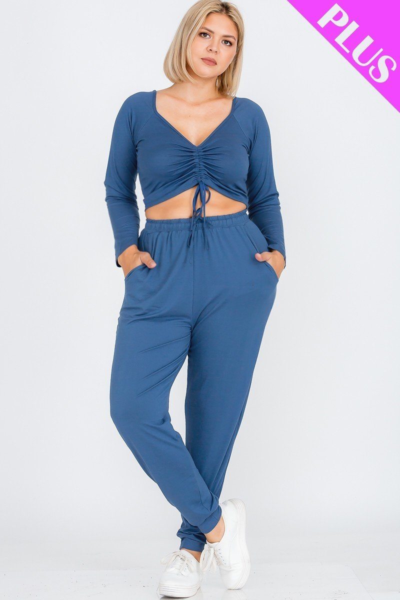 Plus Size Strap Ruched Top And Jogger Pants Set - YuppyCollections