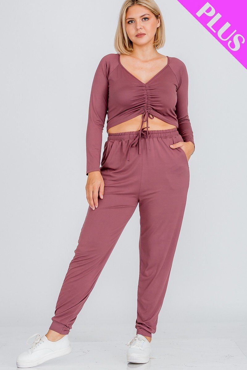 Plus Size Strap Ruched Top And Jogger Pants Set - YuppyCollections