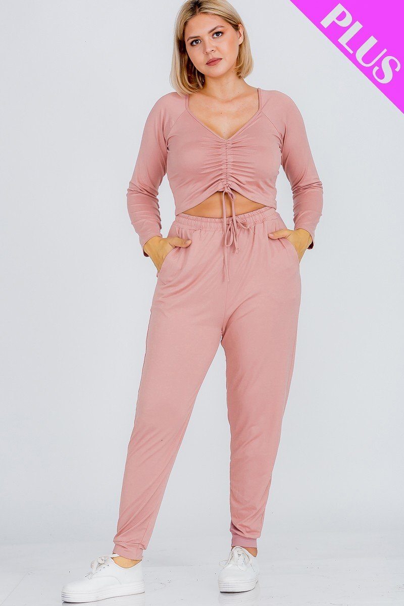 Plus Size Strap Ruched Top And Jogger Pants Set - YuppyCollections