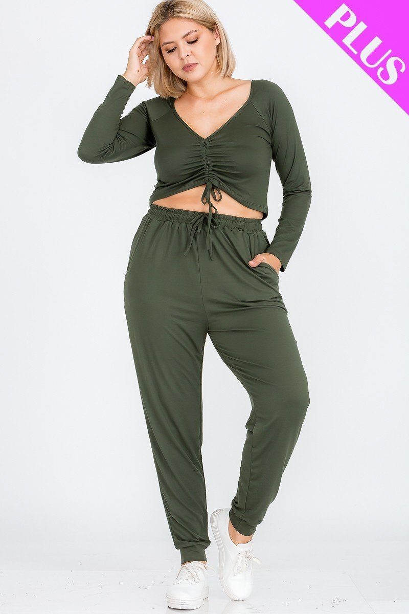 Plus Size Strap Ruched Top And Jogger Pants Set - YuppyCollections