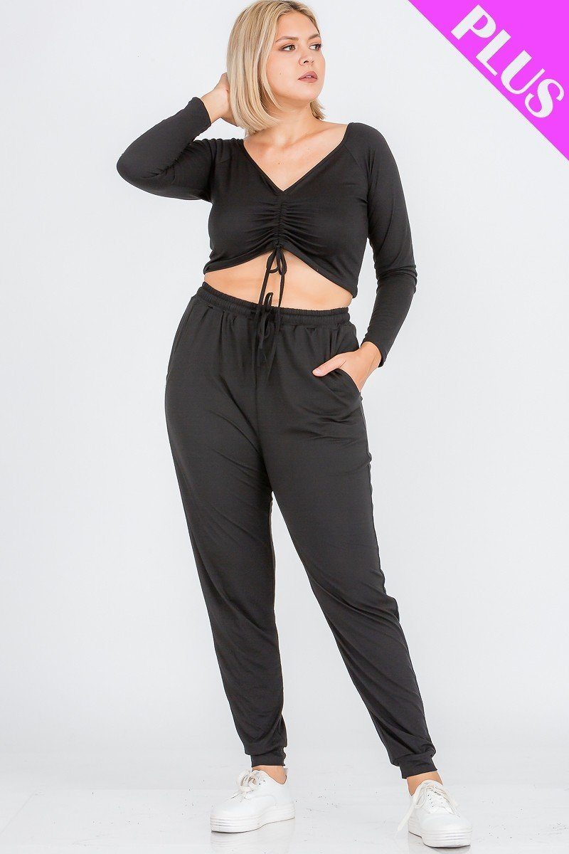 Plus Size Strap Ruched Top And Jogger Pants Set - YuppyCollections