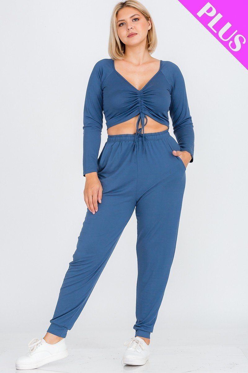 Plus Size Strap Ruched Top And Jogger Pants Set - YuppyCollections