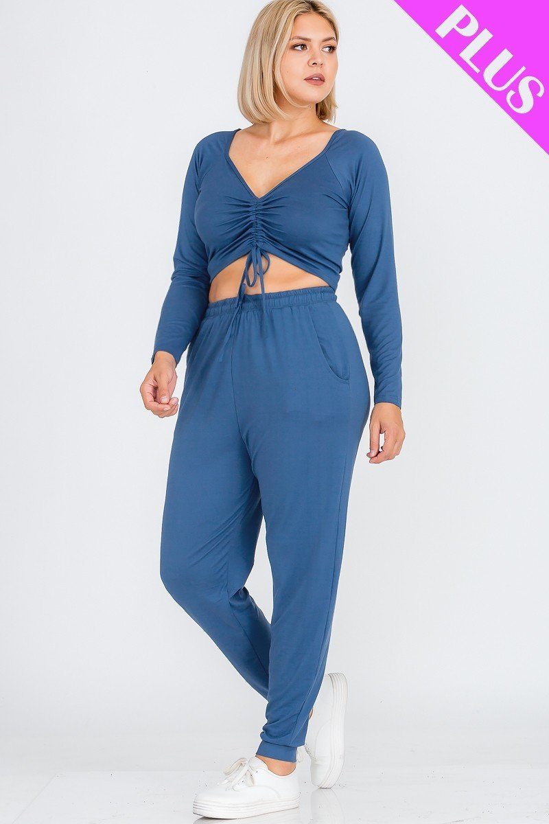 Plus Size Strap Ruched Top And Jogger Pants Set - YuppyCollections