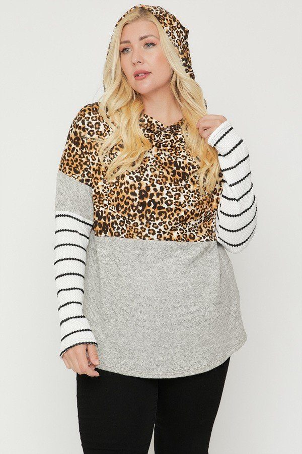 Plus Size Color Block Hoodie Featuring A Cheetah Print - YuppyCollections