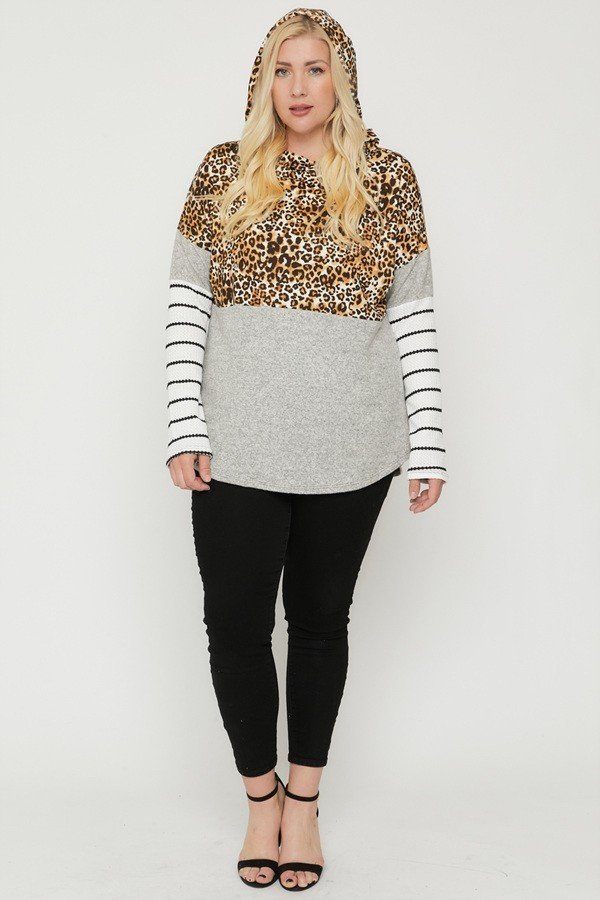 Plus Size Color Block Hoodie Featuring A Cheetah Print - YuppyCollections