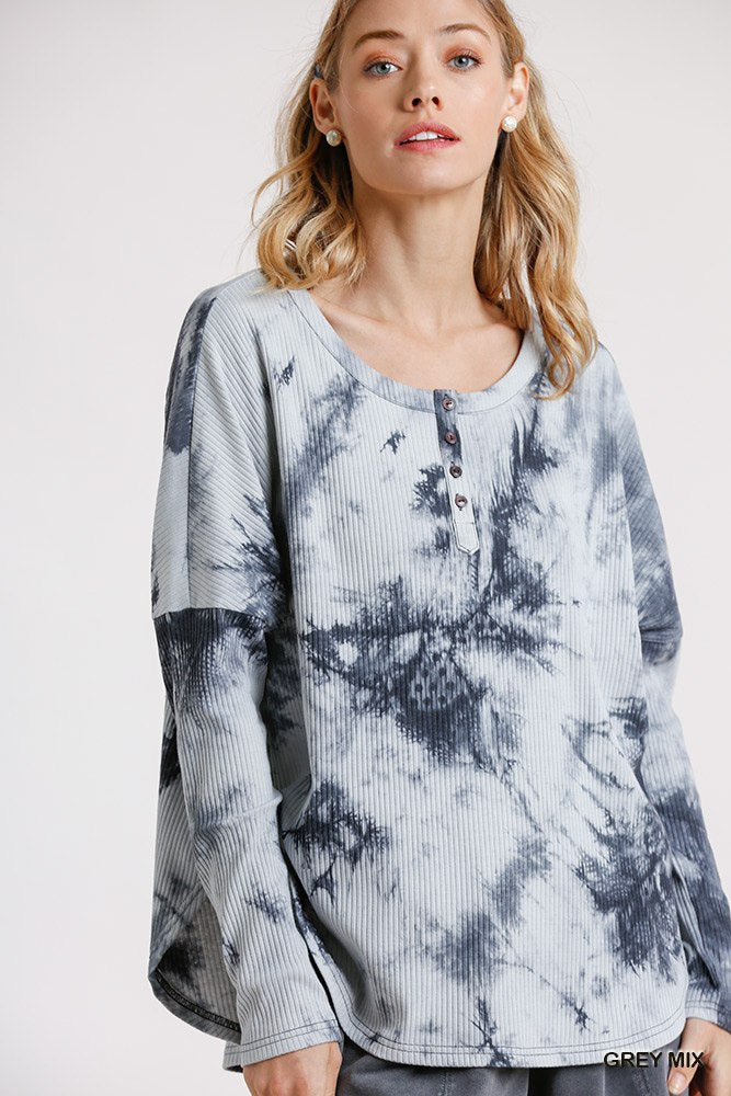 Tie Dye Round Neck Ribbed Button Front Top With Round Hem - YuppyCollections