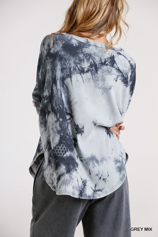 Tie Dye Round Neck Ribbed Button Front Top With Round Hem - YuppyCollections