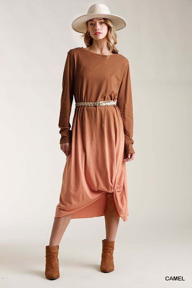 Ombre Front Knot Detail Long Sleeve Maxi Dress With Raw Hem - YuppyCollections