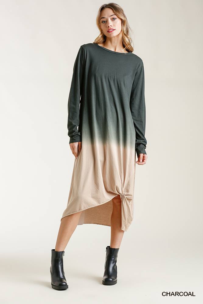 Ombre Front Knot Detail Long Sleeve Maxi Dress With Raw Hem - YuppyCollections