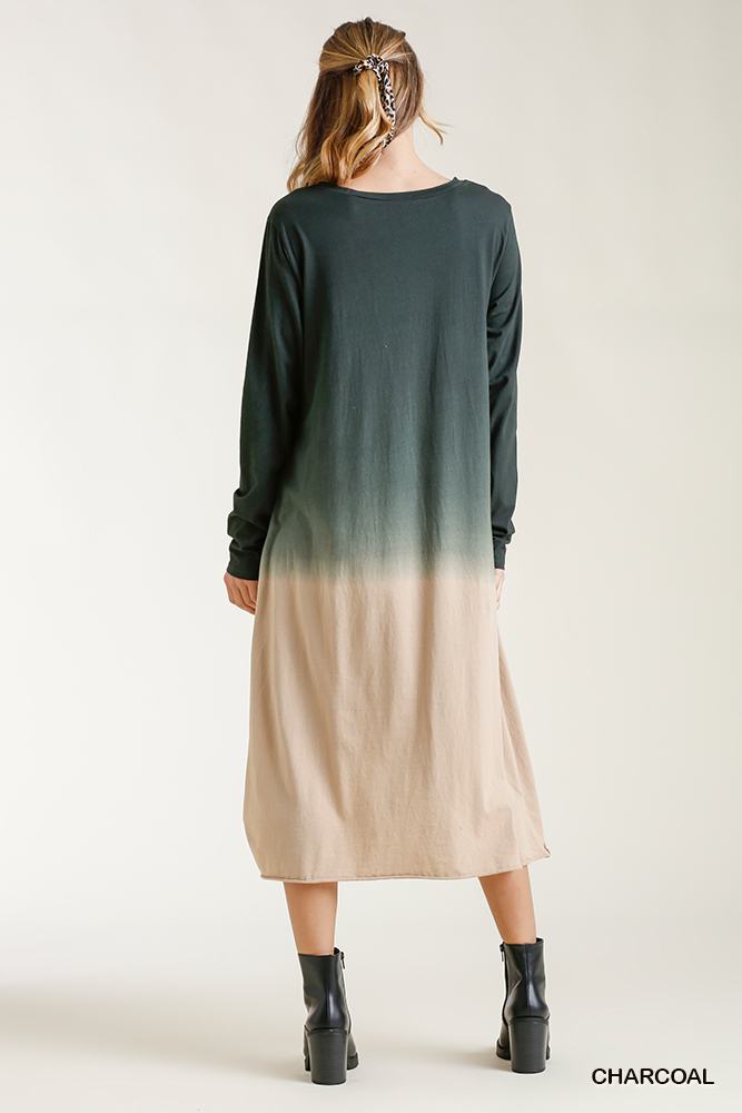 Ombre Front Knot Detail Long Sleeve Maxi Dress With Raw Hem - YuppyCollections