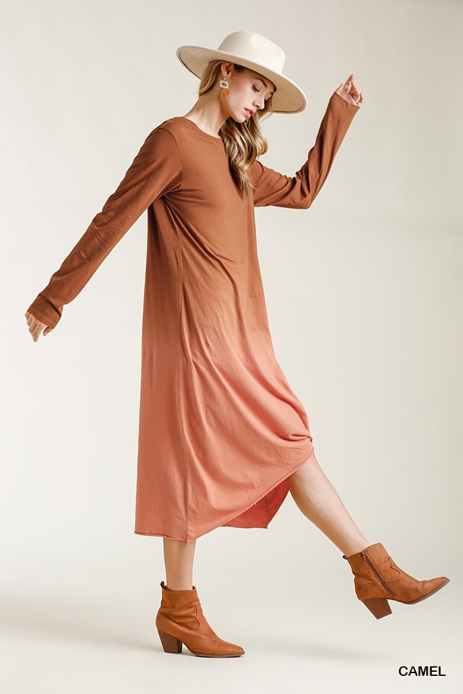 Ombre Front Knot Detail Long Sleeve Maxi Dress With Raw Hem - YuppyCollections