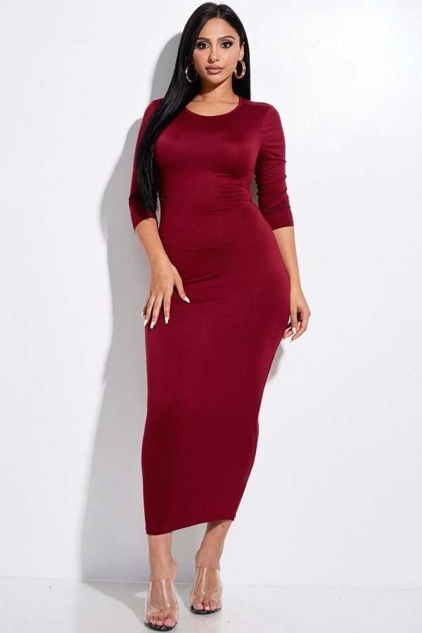 Solid 3/4 Sleeve Midi Dress With Back Cut Out - YuppyCollections