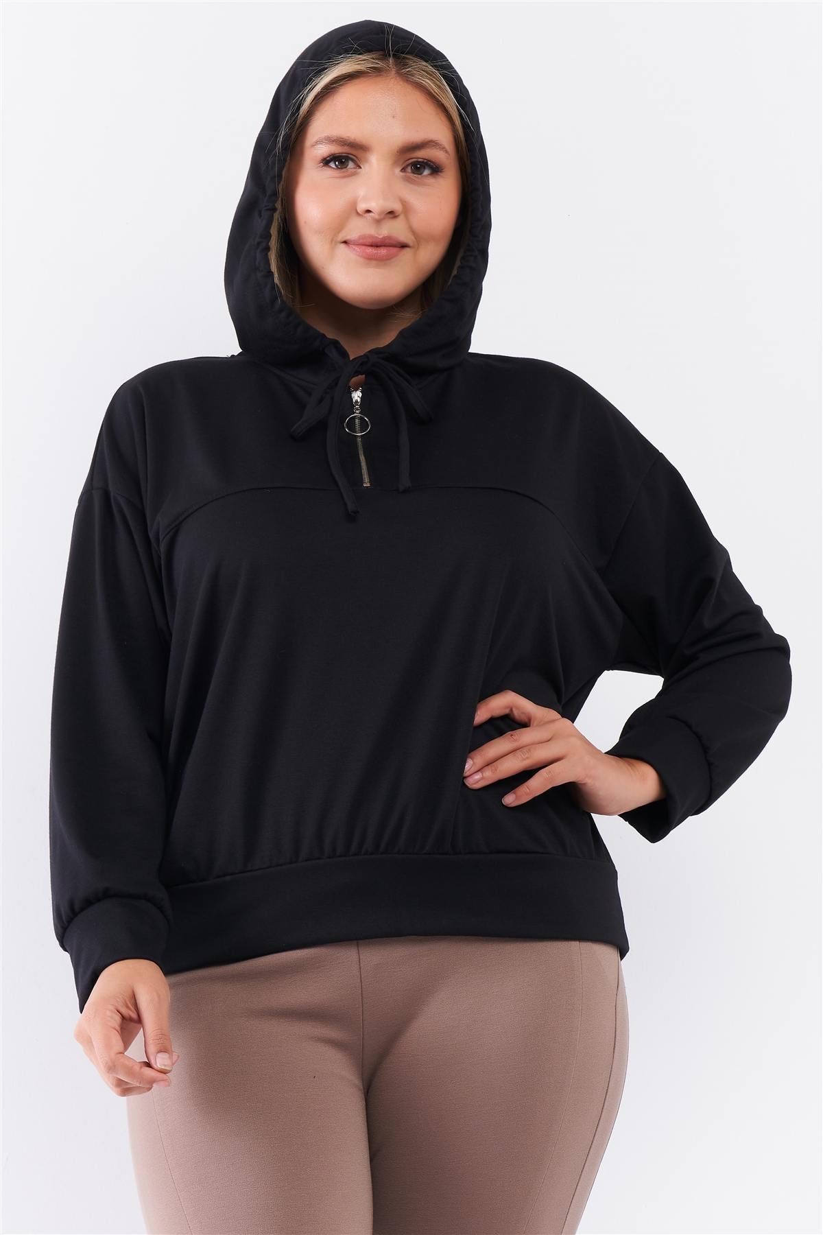 Plus Black Oversize High Neck Zip-up Detail Draw String Tie Hoodie Sweatshirt - YuppyCollections