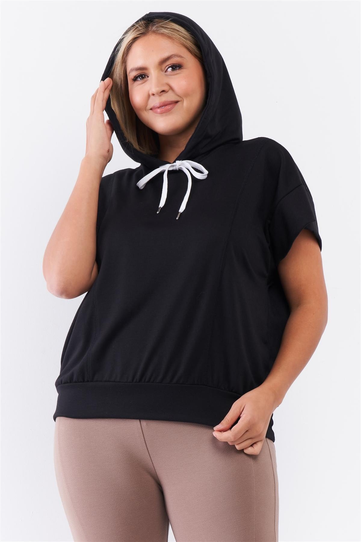 Black Short Wing Sleeve Relaxed Fit White Draw String Tie Hood Detail Top - YuppyCollections