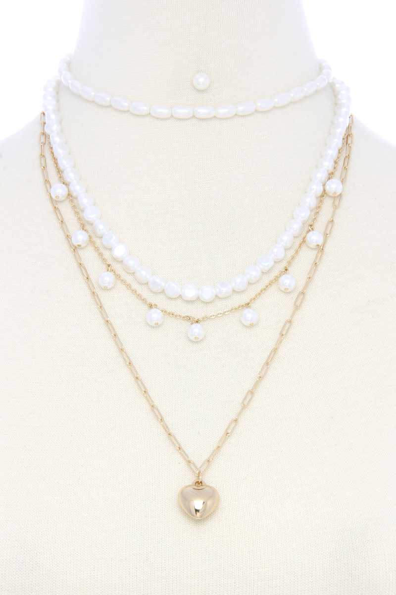 Puffy Heart Charm Pearl Bead Layered Necklace - YuppyCollections