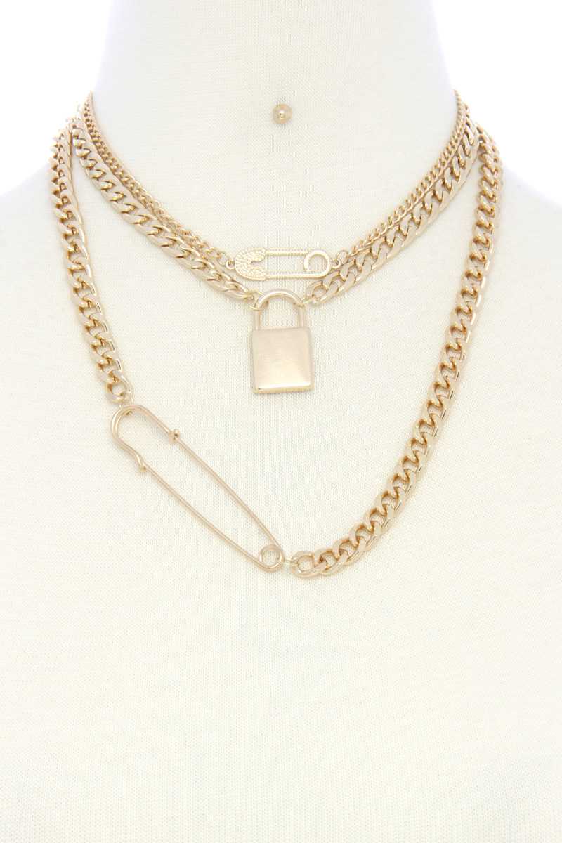 Safety Pin Lock Char Curb Link Layered Necklace - YuppyCollections