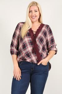 Plaid 3/4 Sleeve Top With Hi-lo Hem, V-neckline, And Relaxed Fit - YuppyCollections