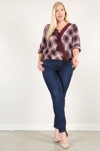 Plaid 3/4 Sleeve Top With Hi-lo Hem, V-neckline, And Relaxed Fit - YuppyCollections