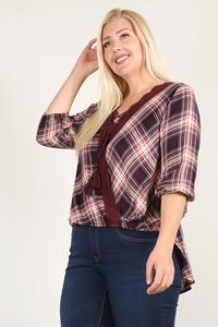 Plaid 3/4 Sleeve Top With Hi-lo Hem, V-neckline, And Relaxed Fit - YuppyCollections