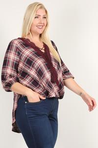 Plaid 3/4 Sleeve Top With Hi-lo Hem, V-neckline, And Relaxed Fit - YuppyCollections