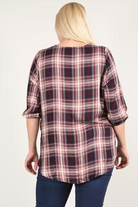 Plaid 3/4 Sleeve Top With Hi-lo Hem, V-neckline, And Relaxed Fit - YuppyCollections