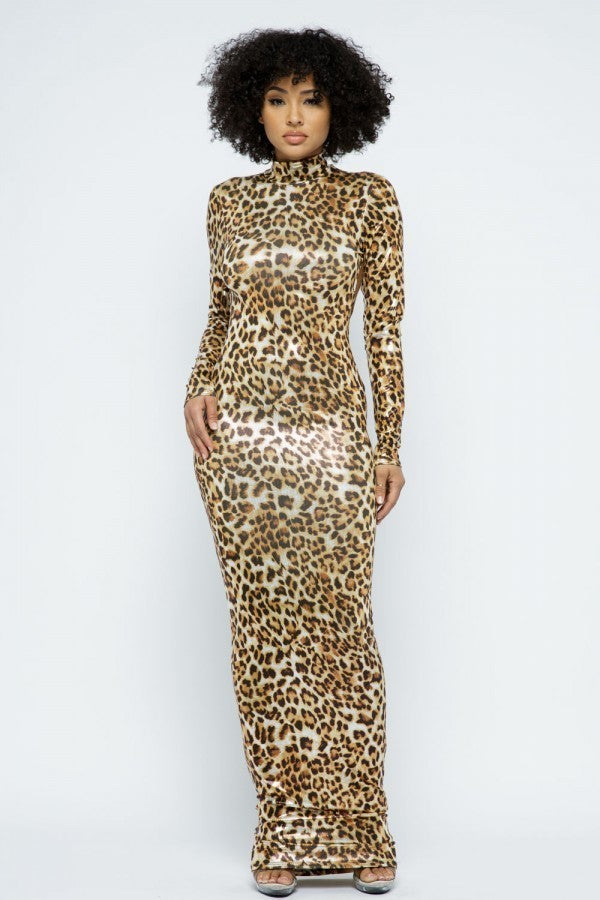 Animal Foil Mock Neck Body Con Maxi Dress - YuppyCollections