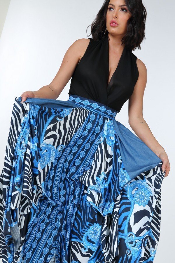 Animal Chain Print Denim Tacked Maxi Skirt In Black Gold - YuppyCollections