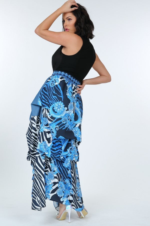 Animal Chain Print Denim Tacked Maxi Skirt In Black Gold - YuppyCollections