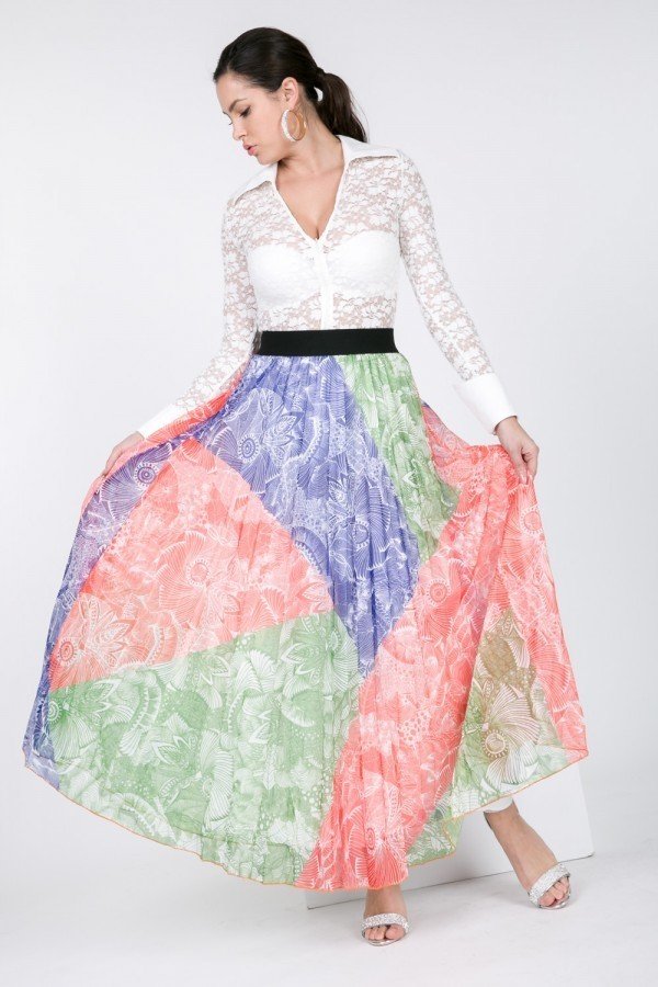 Color Block Pleated Maxi Skirt - YuppyCollections