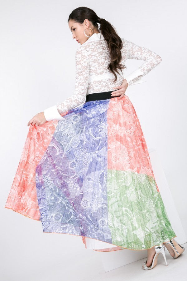 Color Block Pleated Maxi Skirt - YuppyCollections