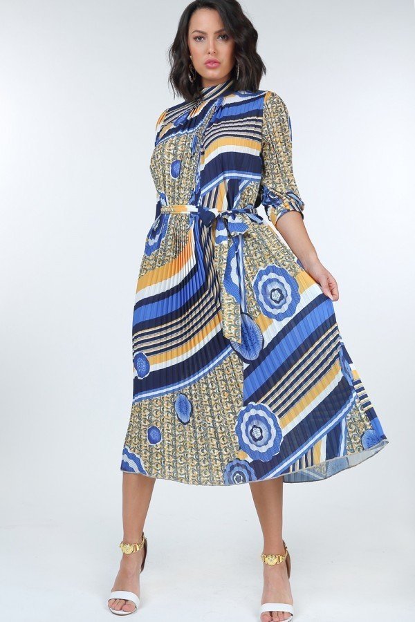 Pleated Print Midi Dress - YuppyCollections