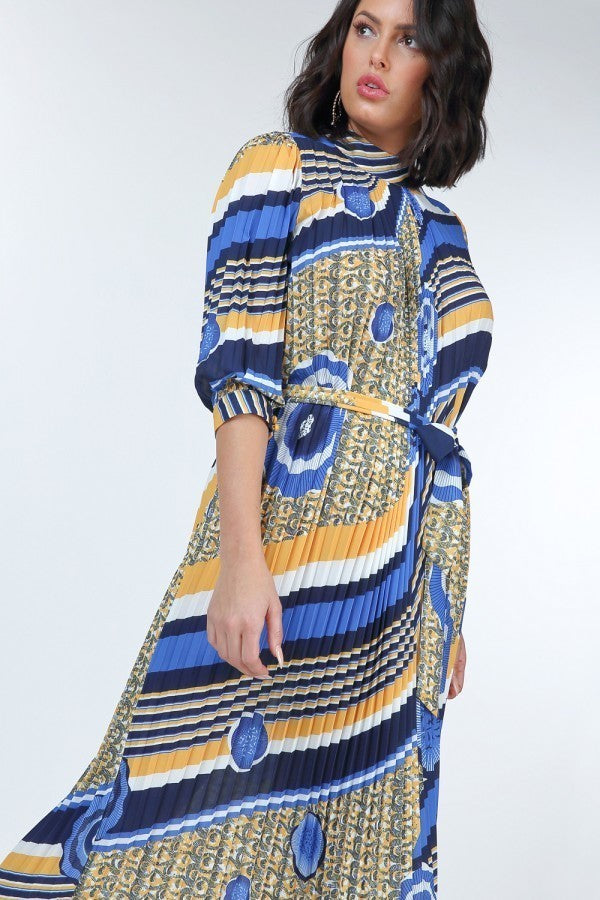 Pleated Print Midi Dress - YuppyCollections