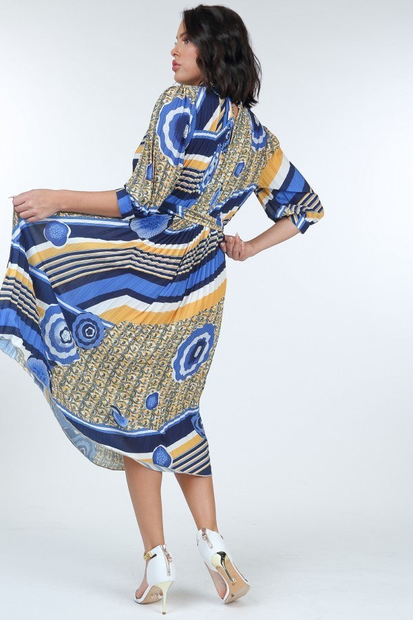 Pleated Print Midi Dress - YuppyCollections