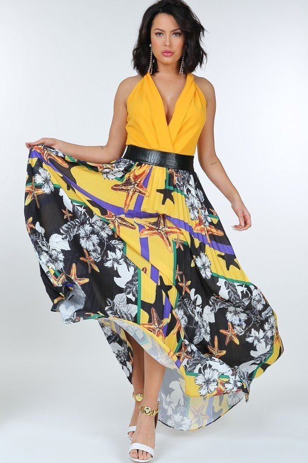 Pleated Print Maxi Skirt With Leather Waist Band - YuppyCollections