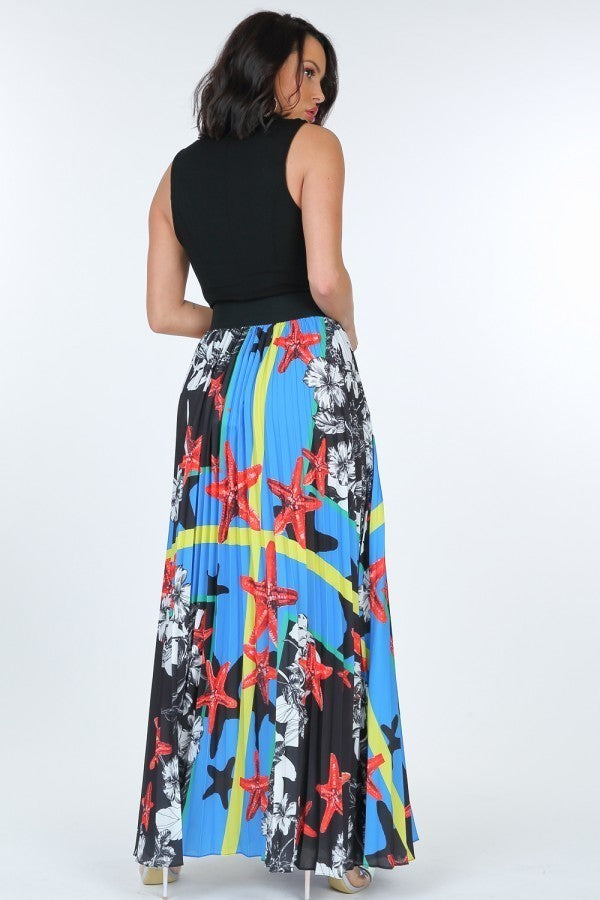 Pleated Print Maxi Skirt With Leather Waist Band - YuppyCollections