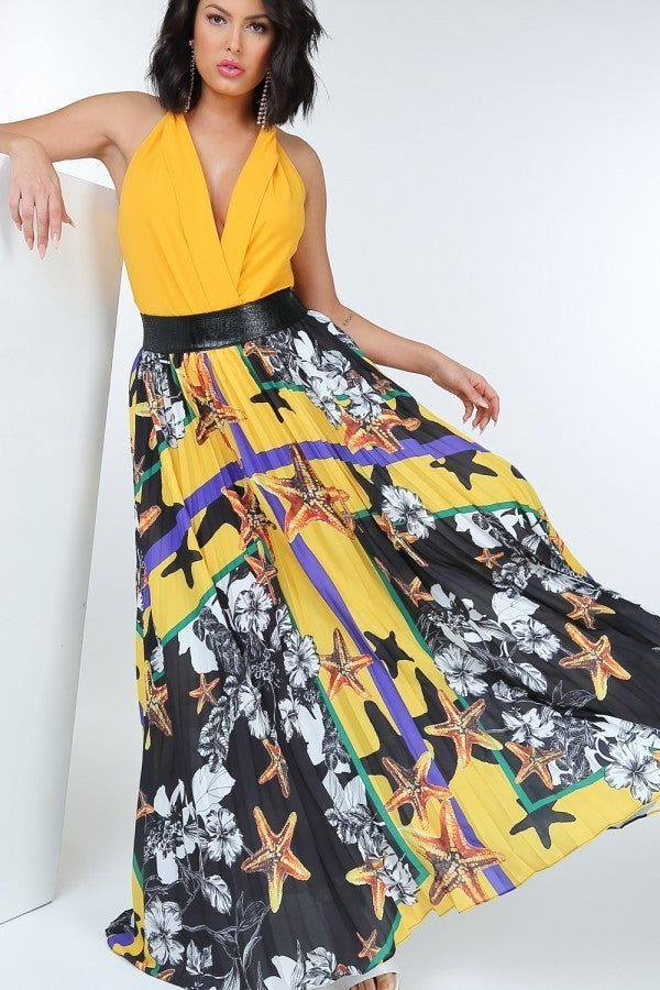 Pleated Print Maxi Skirt With Leather Waist Band - YuppyCollections