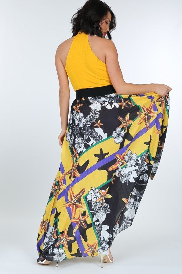 Pleated Print Maxi Skirt With Leather Waist Band - YuppyCollections