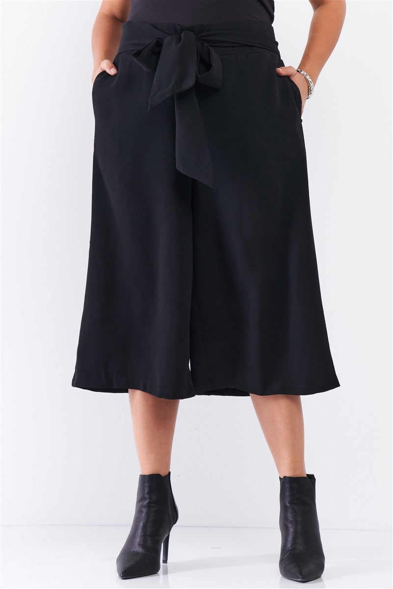 Plus Black Self-tie High Waist Detail Wide Leg Midi Length Pants - YuppyCollections