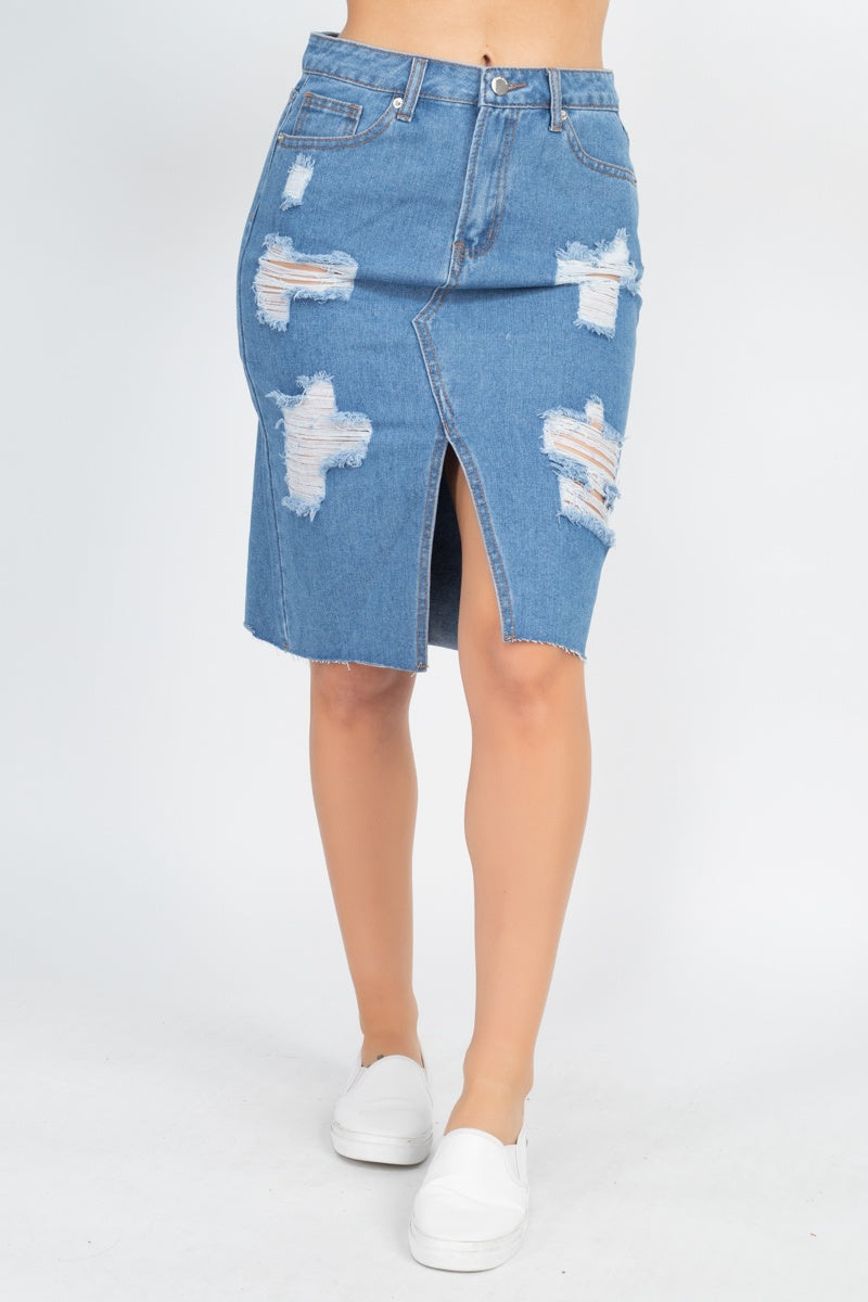 Distressed Front Slit Denim Skirt - YuppyCollections