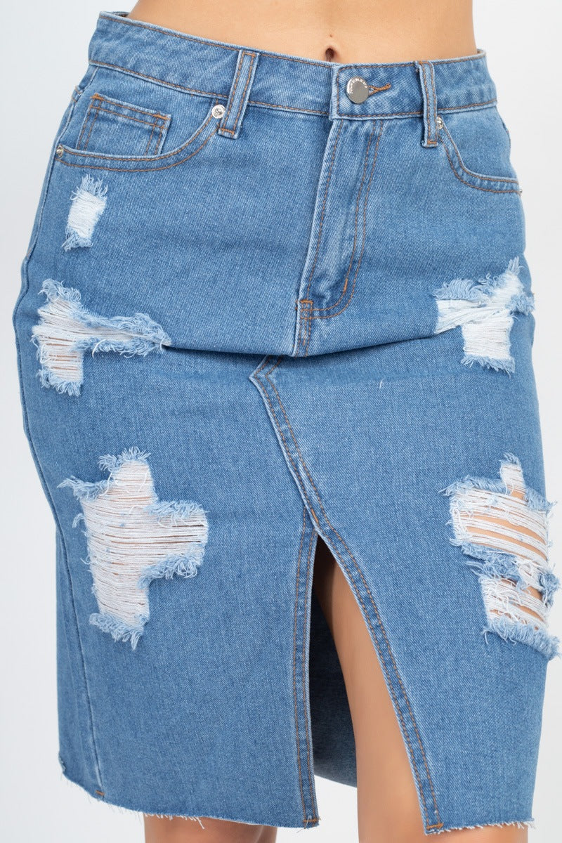 Distressed Front Slit Denim Skirt - YuppyCollections