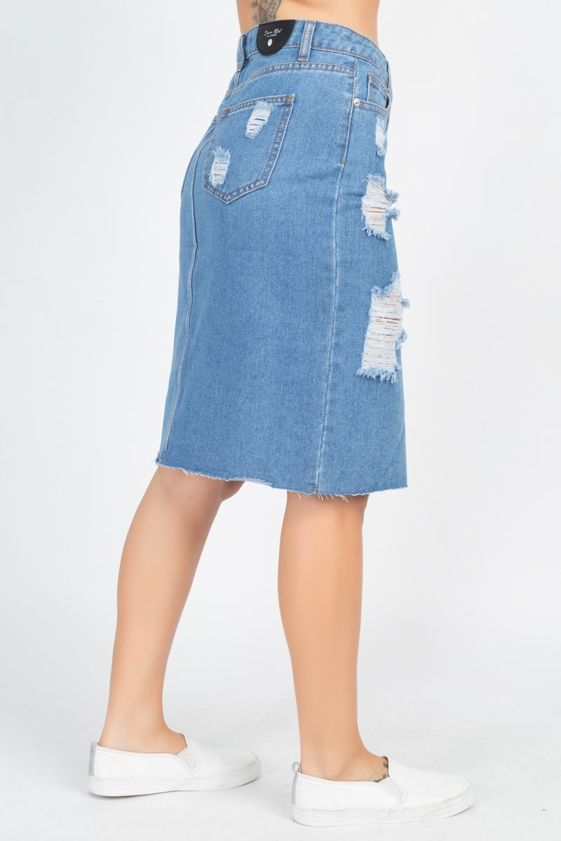 Distressed Front Slit Denim Skirt - YuppyCollections