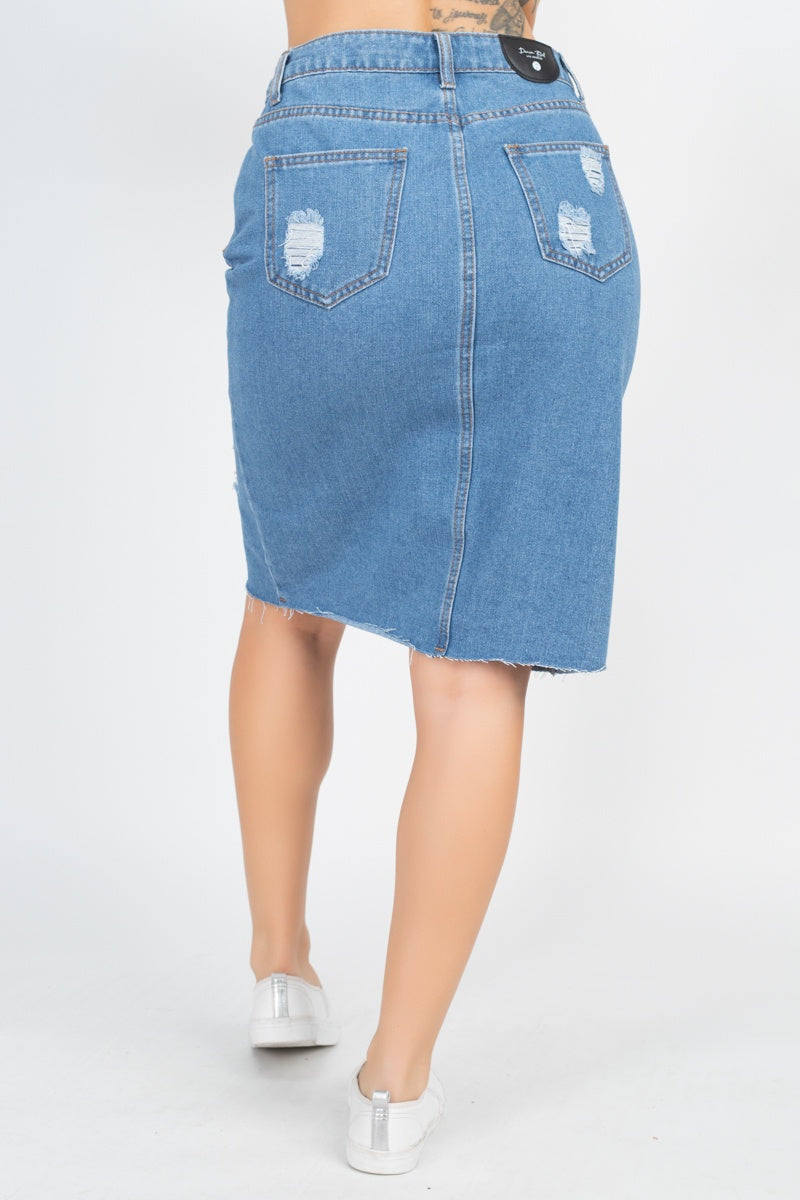 Distressed Front Slit Denim Skirt - YuppyCollections