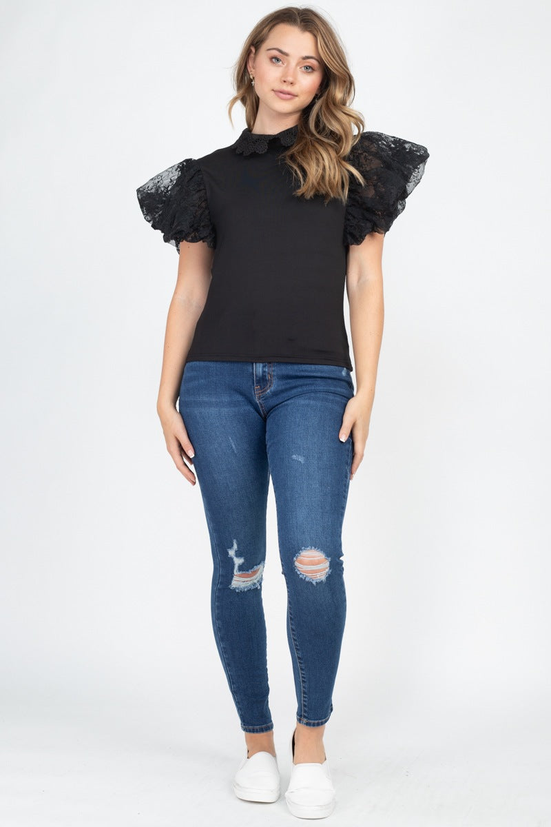 Solid Lace Puff Sleeves Top - YuppyCollections