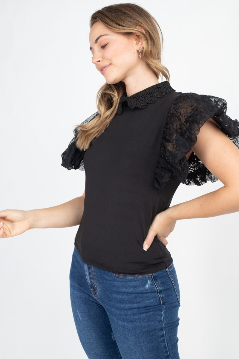 Solid Lace Puff Sleeves Top - YuppyCollections