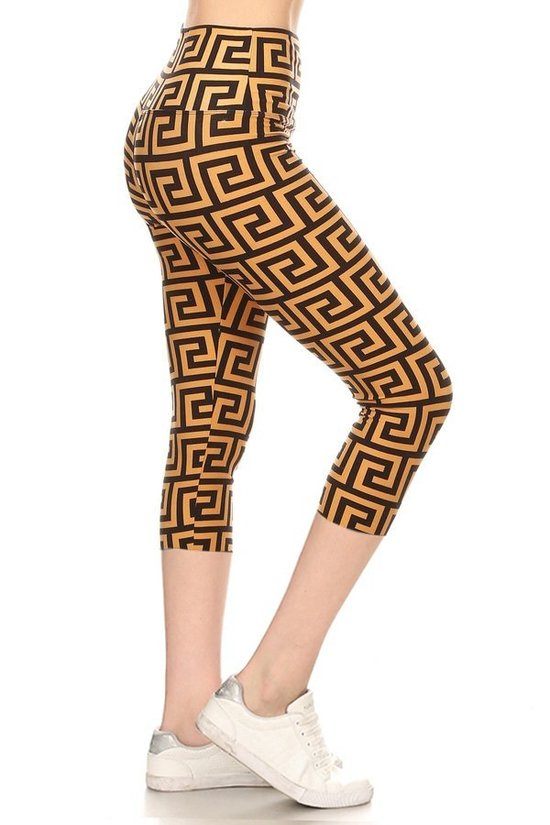 Yoga Style Banded Lined Meander Printed Knit Capri Legging With High Waist. - YuppyCollections