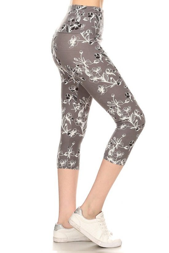 Yoga Style Banded Lined Floral Printed Knit Capri Legging With High Waist. - YuppyCollections