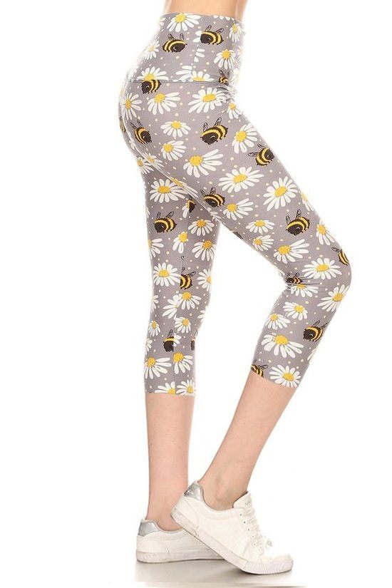 Yoga Style Banded Lined Floral And Bee Printed Knit Capri Legging With High Waist. - YuppyCollections