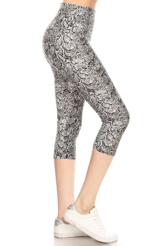 Yoga Style Banded Lined Snakeskin Printed Knit Capri Legging With High Waist - YuppyCollections